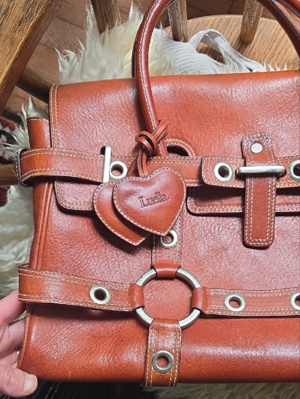 Vintage Luella Cognac Brown Leather Ring-Accent Satchel - Picture 3 of 10